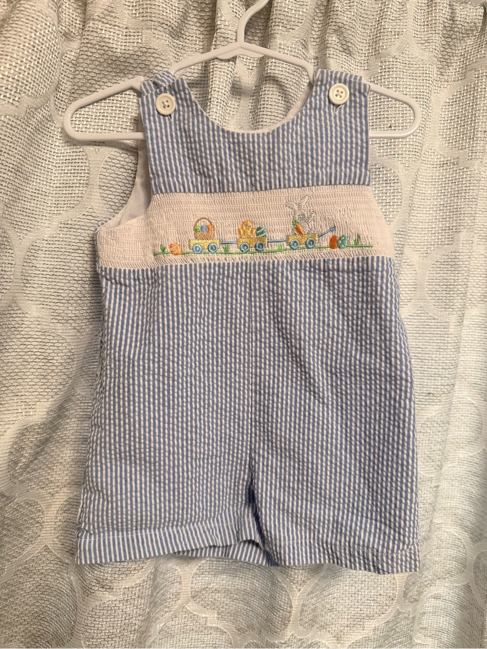 Good Lad Blue & Cream Seersucker Embroidered Train Shortall